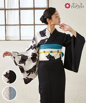 Japonijos Moterų Tradicinių Kimono Mažas Raštuotas Dalykas Katės Modernios Spausdinimo Retro Dvigubai Pakabinti Pamušalas Cos Drabužių YUKATA