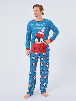 Kalėdų Šeimos Pižama Atitikimo Rinkinys ilgomis Rankovėmis marškinėliai Su Pingvinas Sniego Spausdinti Kelnes Sleepwear Loungewear