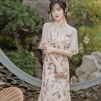 Kinų Suknelė Cheongsam 2023 Retro Modifikuotų trumparankoviai Spausdinami Aukštos klasės Elegantiškas Temperamentas Lieknėjimo Qipao Chi-pao