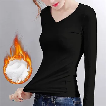 Moteris Rudens-Žiemos Dugno Marškinėliai Pastovi Temperatūra Plius Aksomo ilgomis rankovėmis T-shirt Plonas Aksomo Šildymo Pluošto Šilumos Viršų
