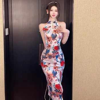 Moterų Kinų Stiliaus Spausdinti Padalinta Cheongsam Prancūzų Mados Retro Seksualus Slim Qipao Lady Elegantiškas Šalis Vakarinę Suknelę Derliaus Vestidos