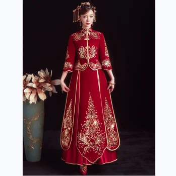 Prabangus Blizgučiai Siuvinėjimas, Gėlių Kinijos Tradicinės Cheongsam Pora Vestuvių Kostiumą Elegantiškas Bride Tuoktis Suknelė китайская одежда