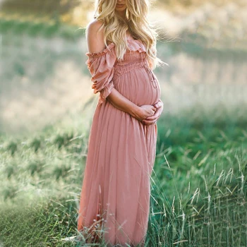 Rožinė Pynimas Off Peties Boho Photoshoot Nėščioms, Nėštumo, Kūdikio Dušas Fotografijos Motinystės Drabužiai Maxi Suknelė Moterims