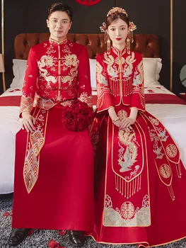 Tradicinis Kinų Kutai Vestuvių Suknelė Pora Cheongsam Dragon 