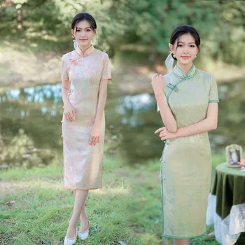 Tradicinės Kinų Stiliaus Trumpomis Rankovėmis Qipao Suknelė Moterims Plonas Ilgas, Aukštas, Padalinta Cheongsam Vestidos Azijos Drabužių