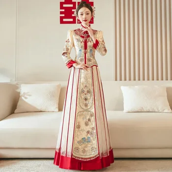 Šampanas Kinijos Vestuvių Suknelė Tradicinių Cheongsam Derliaus Pora Qipao Sijonas Moterims Žmogus Tango Kostiumas Rytų Suknelė