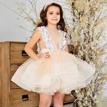Šampanas Reljefiniai Gėlių mergaičių Suknelės Appliques 3D Gėlių Princesės Gimtadienis Eglutės Chalatai Pakopų Suknelė Fotografija