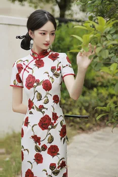 Švelnus Stilius Rose Modelis Vasaros Cheongsam Saldus Derliaus Moterims Gėlių Ilga Suknelė Kasdien Moterų Qipao Suknelės