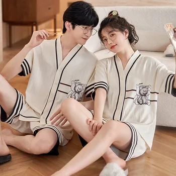 2023 Japonijos Kimono Namų drabužių Poroms Medvilnės Pižama Nustatyti Moterys Vasarą Šortai Nustatyti Pijamas Vyrų Homewear Pjs Dropship