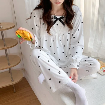 2023 Pavasario ilgomis Rankovėmis Medvilnės Spausdinti Pajama Komplektai Moterų korėjos Mielas Nėrinių Sleepwear Pižamos Homewear Pijama Mujer Namų Drabužiai