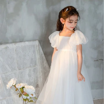 2023 Vasarą Baltas Ilgas Nauja Suknelė Mergaitėms Ceremonija Pearl Bowknot Purus Princesė Dress Vaikų Drabužiai