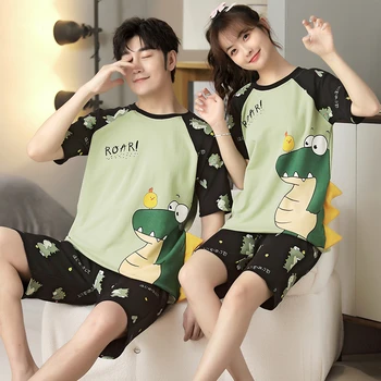 Anime Dinozaurų Vasarą Pora Pižama Nustatyti Moterų Ir Vyrų Pajama Sleepwear Korėjos Animacinių Filmų Prarasti Mėgėjams Suaugusiųjų Homewear Hoodies Pižamos