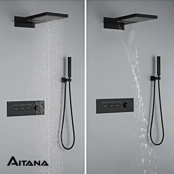 Aukštos klasės paprasta juoda žalvario dušo maišytuvas pagrindinis jungiklis sieniniai dizaino trijų funkciją, krioklys, vandens išleidimo dušo sistemos