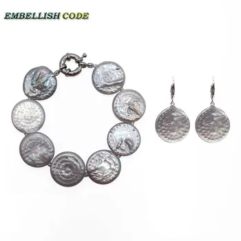 KARŠTO didelio dydžio baroko perlas šviesiai pilka apyrankė kablys auskarai nustatyti fine jewelry mygtuką monetos formos natūralus gėlo vandens perlai