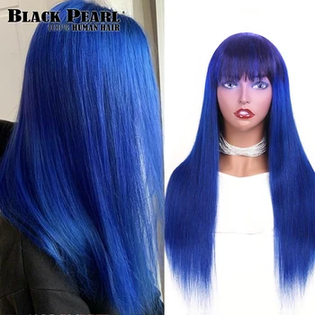 Klein Mėlyna Žmogaus Plaukų Perukai Su Kirpčiukais 100% Žmogaus Plaukų Brazilijos Ilgi Tiesūs Perukai Su Kirpčiukais Moterims Juoda Cosplay Dalis
