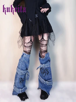 Kukeita Moterų Y2K Džinsinio Kojų Šildytuvus 90s Kelio Aukštas Harajuku Stilius Sagtis Jean Kojinės Punk, Gothic Kojinės Kojų Padengti Streetwear