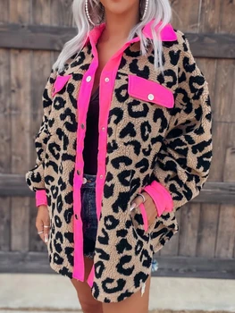 Mados Pliušinis Leopard Paltai Striukės Žiemos Atsitiktinis Atvartas ilgomis rankovėmis Viršuje Prarasti Susiuvimo Karvė Spalvų Kontrastas Harajuku Paltai Moterims
