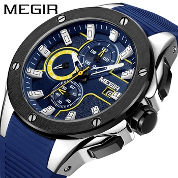 MEGIR Silikono Mėlynas Kvarcas, Mens Watches Top Brand Prabanga Vandeniui Lumious Chronograph Sporto Vyrų Laikrodis Relogio Masculino