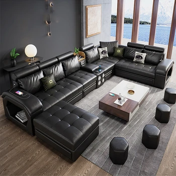 Modernių namų gyvenamojo Kambario baldai, Sofos Nustatyti Odos audinio u formos lounge, kurių skerspjūvio recliner Sofos su USB Muzikos Garsiakalbis