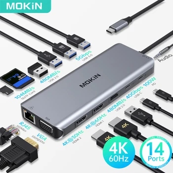 MOKiN 14 1 USB C Hub Docking Station Dual HDMI VGA SD/TF Garso Tipas C Hub Multiport Adapteris Fo 