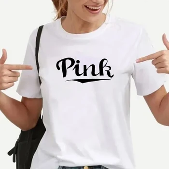 Moteriški marškinėliai pink Spausdinti Trumpas Rankovės Atsitiktinis Pagrindinės Gatvės Juodos Ir Baltos Apvalios Kaklo Viršuje Mergaitėms