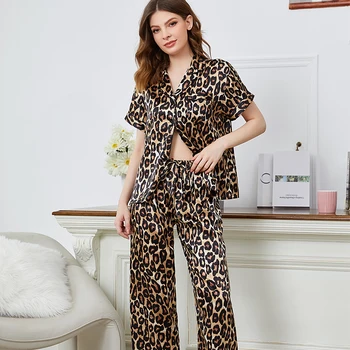 Moterų Pižama Moterų Namų Drabužių Leopard-print Sleepwear Moterų Šilko Pižama Nustatyti, Minkštas apatinis Trikotažas Nustatyti Patogi Pižama Komplektas