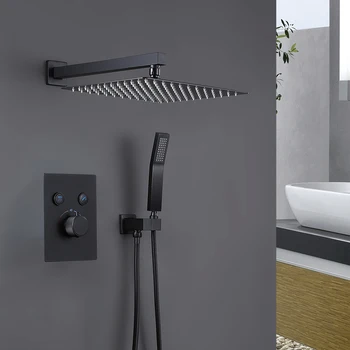 Paslėpti matinė juoda dušo komplektas termostatiniai žalvario dvi funkcijas moderni dušo sistema