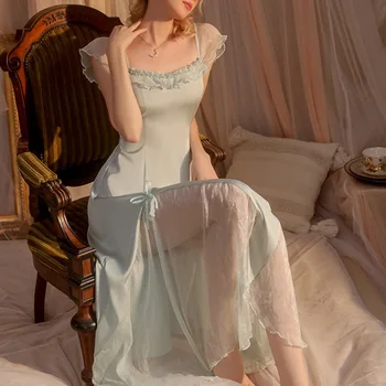 Seksualus Kvadratinių Kaklo Sleepdress Moterų Ilgos Satino Pižamą Nėrinių Kratinys Nightdress Vasaros Elegantiškas Stiliaus Rūmai Sleepwear Pižama