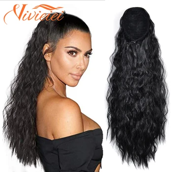 Sintetinių Kukurūzų Banguoti, Ilgi plaukai surišti į uodegą Hairpiece Wrap apie Įrašą Plaukų priauginimas Ombre Rudas Ponis Uodega Šviesūs Fack Plaukų 22Inch