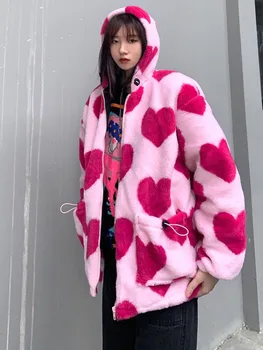 SONNEESD Žiemos Harajuku Streetwear Įrankiai ėriukų vilna Kailis Išlaikyti Šiltas Širdies formos Dizainas Visiškai Rankovės Rausvos spalvos Medvilnės Drabužius Striukė
