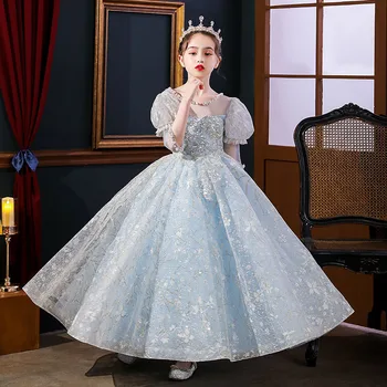 Vaikas Gėlių Mergaitėms Vestuvių Ilga Suknelė Šalies Vakarą Elegantiška Prabanga Suknelė Princesė Kostiumas Šviesiai Mėlyna China Oficialus Suknelės