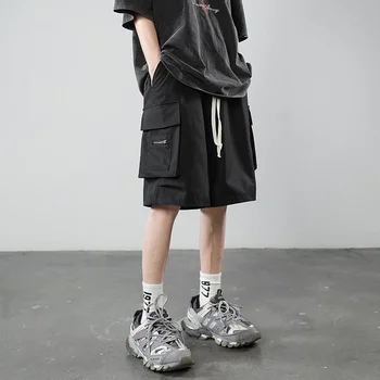 Vasarą Šortai Vyrams Mados Retro Kišenėje Šortai Vyrams Japonijos Streetwear Hip-hop Prarasti Tiesiai Shorts Mens Negabaritinių Krovinių Kelnės
