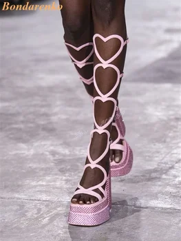 Širdies Dirželiai Kristalų Sandalai Platforma, Suapvalinti Tne Stambusis Aukšti Kulniukai Kietos Kelio Aukštas Sandalai Moterims Seksuali Batų Sagtys Sweet Pink